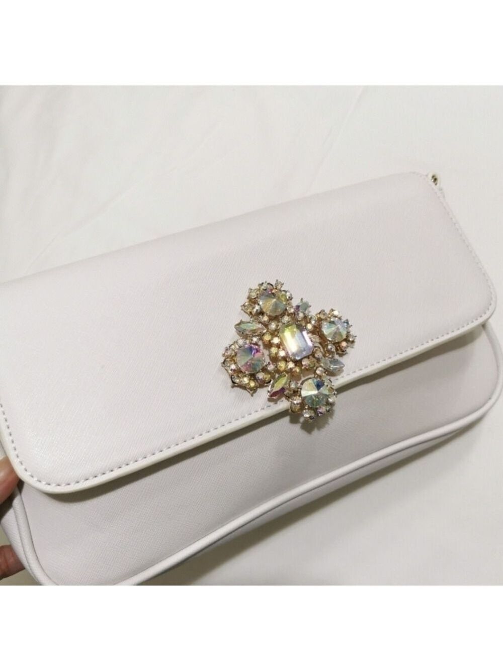 White Rhinestone Crystal Embellished Clutch Evening Bag
